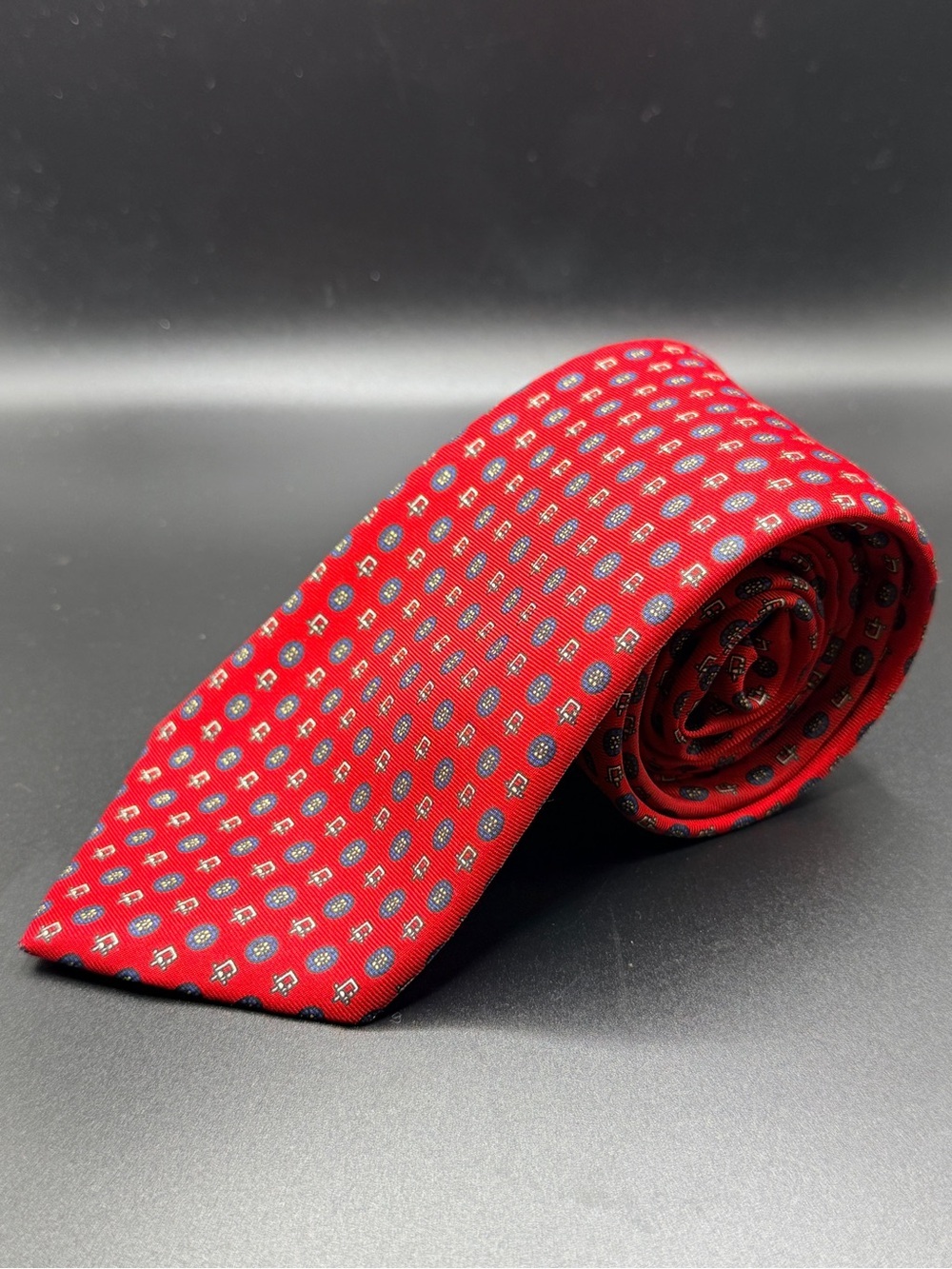 Pierre Cardin Silk Tie Red Navy Blue Geometric Medallion Made in UK